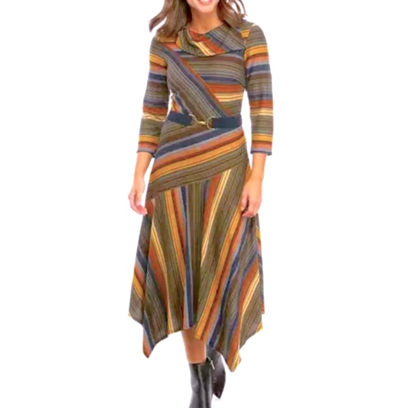 Danny & Nicole Dresses & Skirts - NWT Danny & Nicole Striped Belted Handkerchief Hem Midi Dress Size 16 Brown